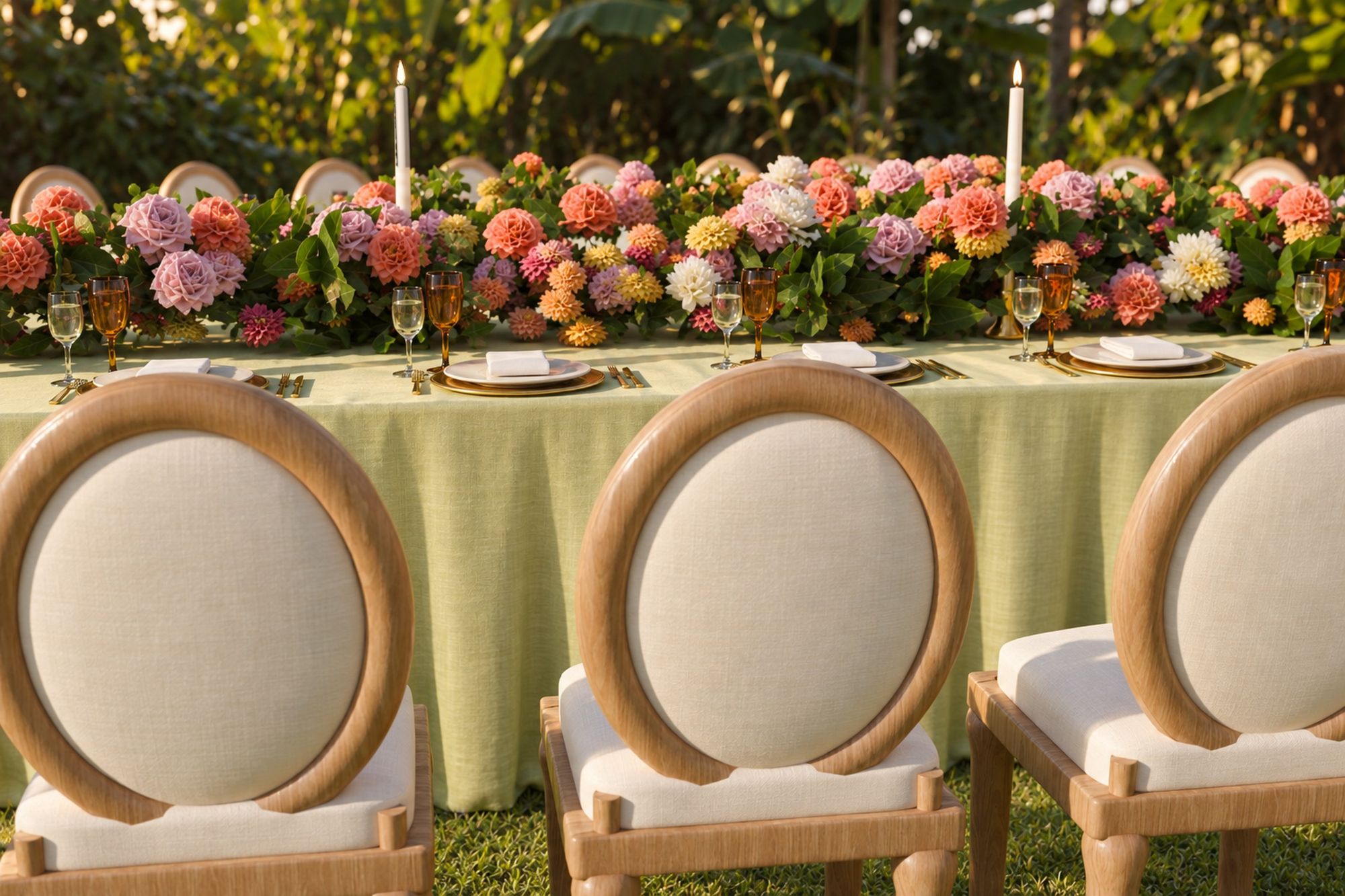 Sillas medallón de madera y centro de mesa floral
