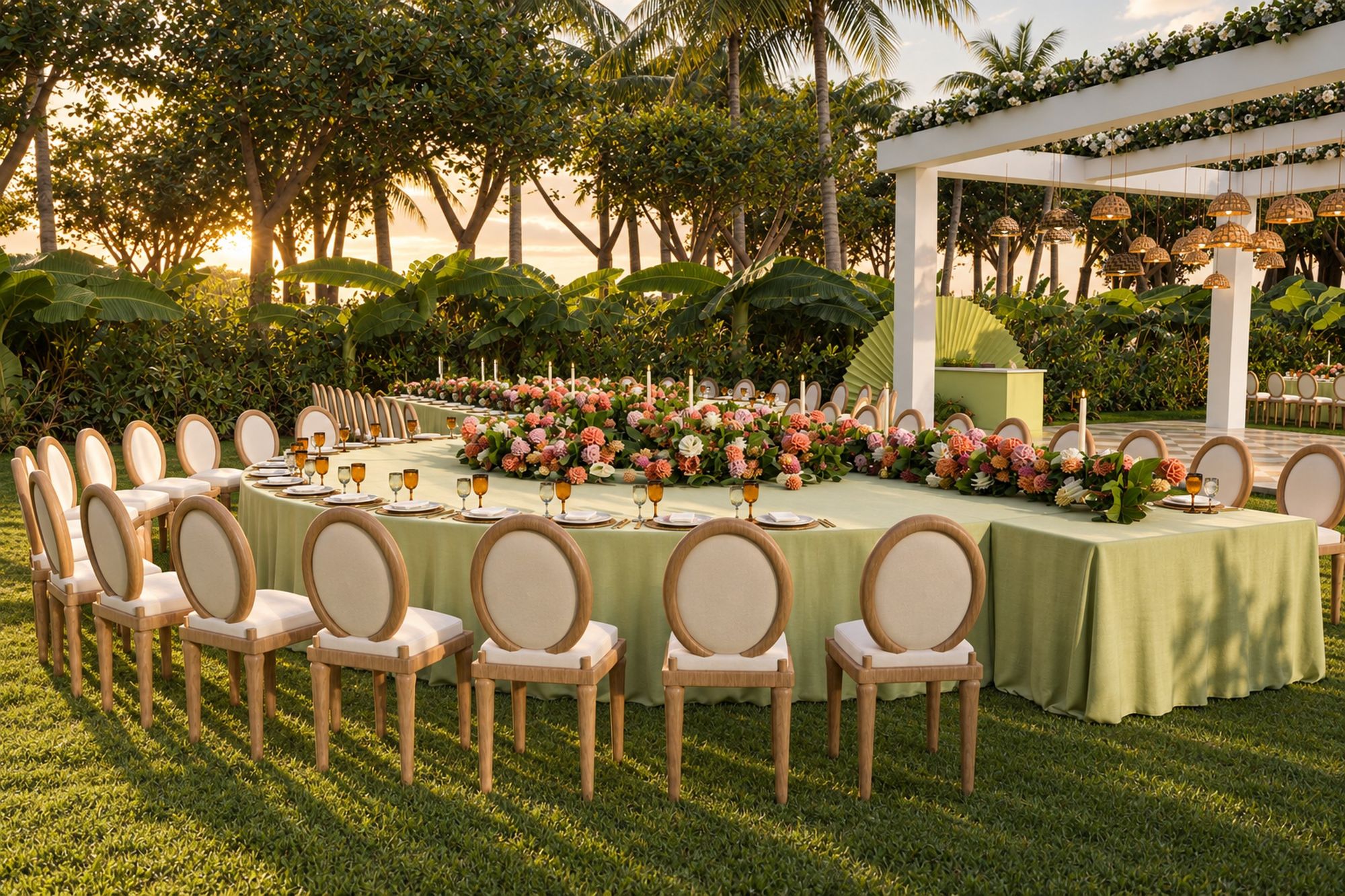 Mesa imperial con mantel verde salvia vista a la altura del invitado